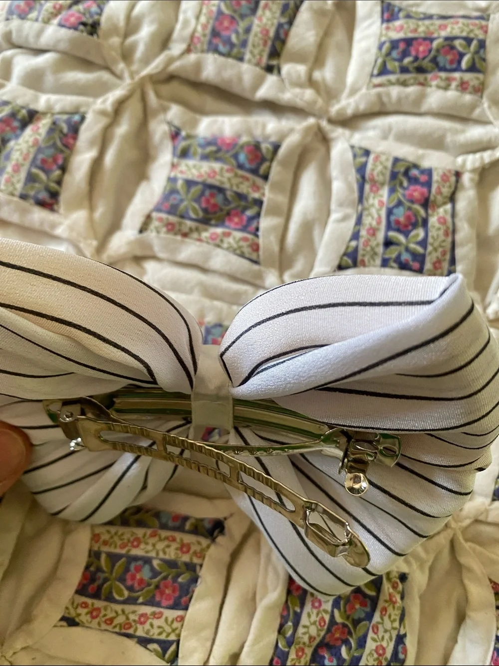 Vintage 80s - Puffed Hair Bow Hair Clip with Black Pinstripes